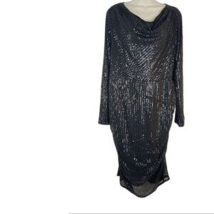 Grace Karin Womens Midi Dress Black Sequin Ruched Drape Neck Plus 1X New